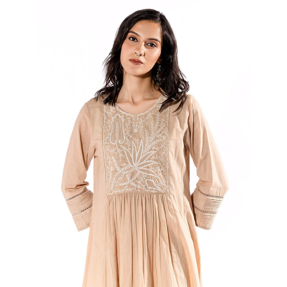 PANTS AND PAJAMAS Beige Chikan Cotton Kurta & Palazzo (Set of 2)