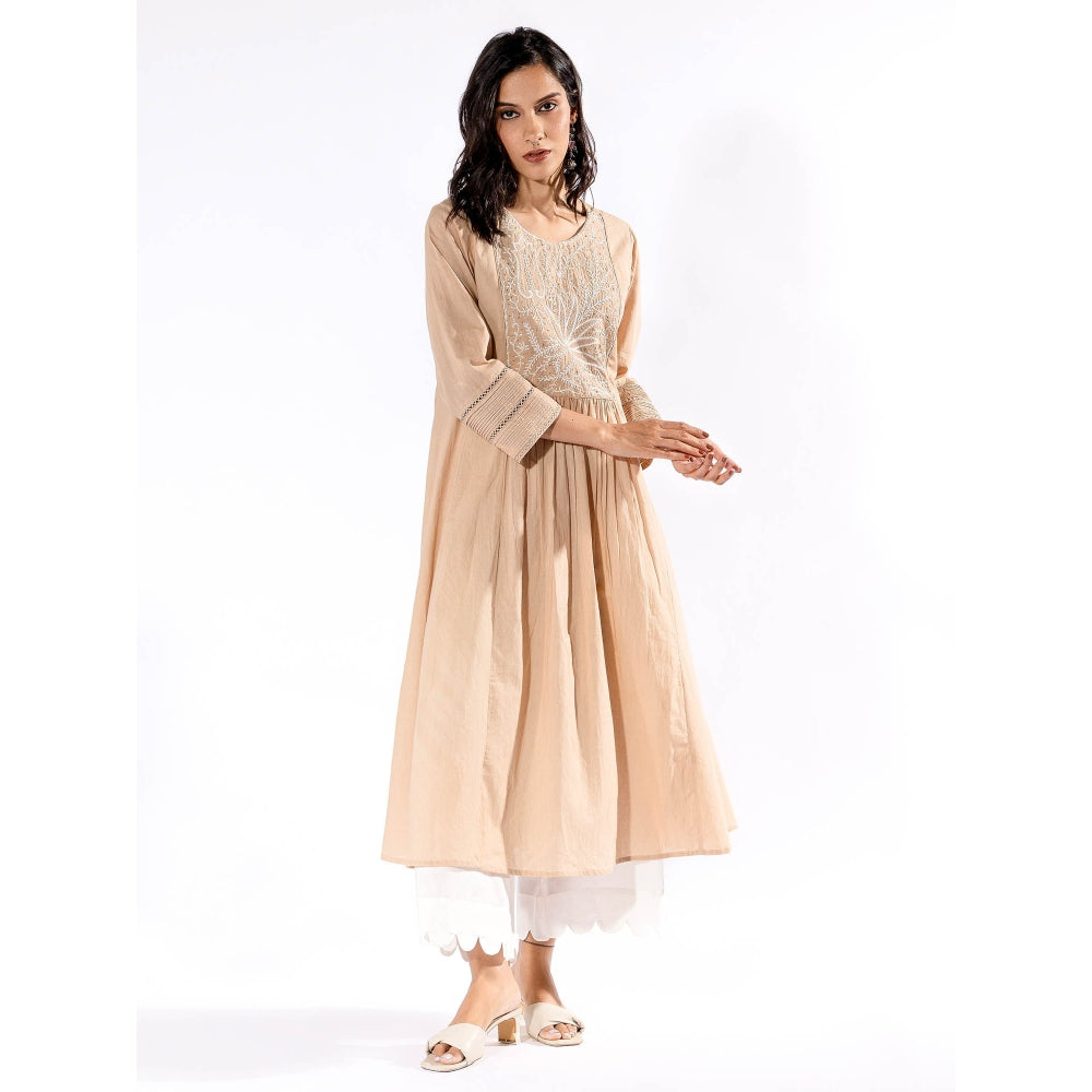 PANTS AND PAJAMAS Beige Chikan Cotton Kurta
