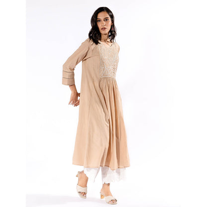 PANTS AND PAJAMAS Beige Chikan Cotton Kurta