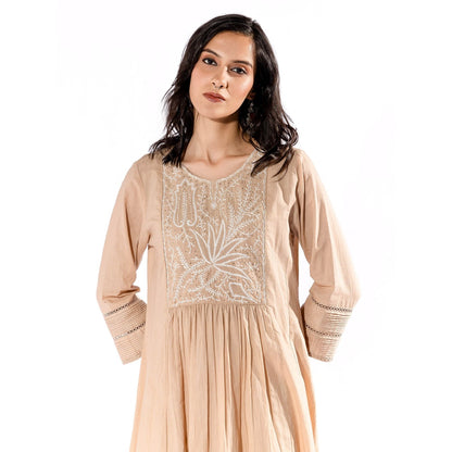 PANTS AND PAJAMAS Beige Chikan Cotton Kurta