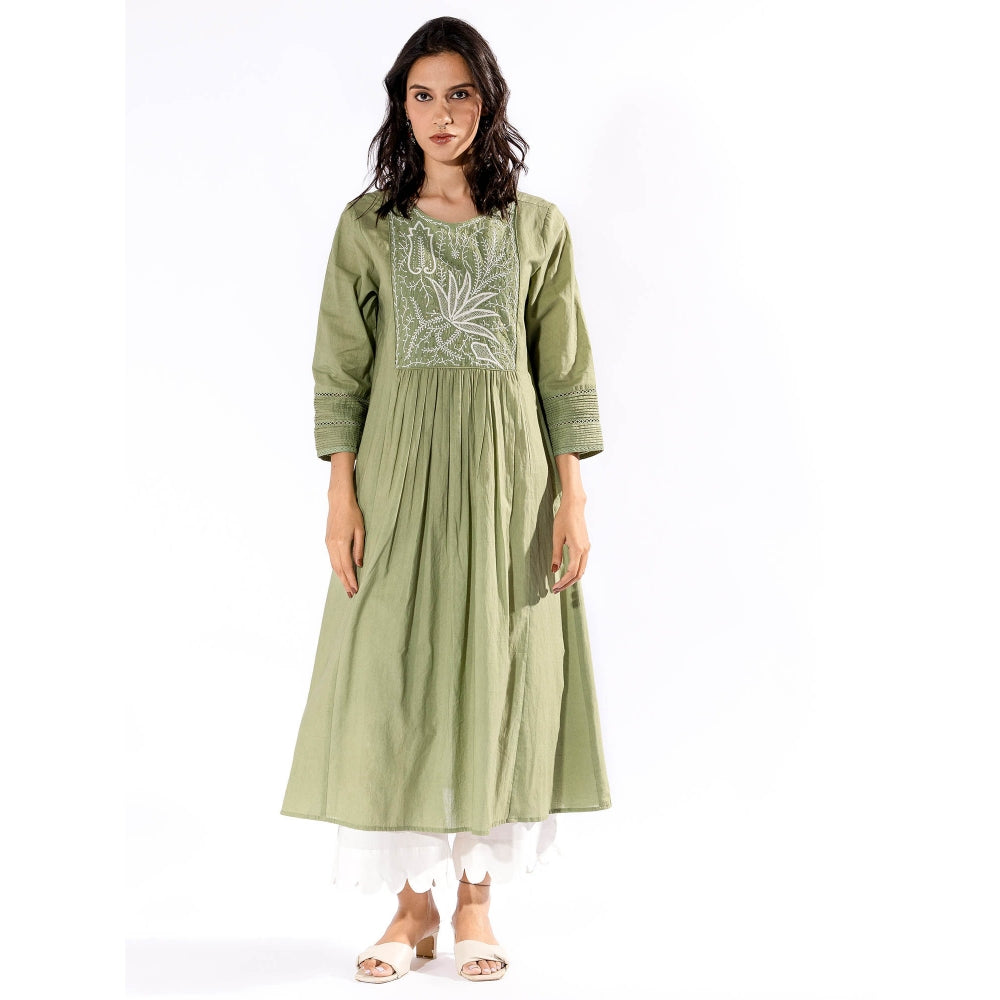 PANTS AND PAJAMAS Green Chikan Cotton Kurta & Palazzo (Set of 2)