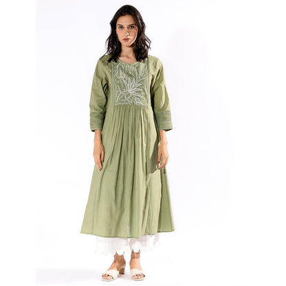 PANTS AND PAJAMAS Green Chikan Cotton Kurta & Palazzo (Set of 2)