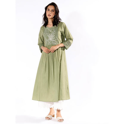PANTS AND PAJAMAS Green Chikan Cotton Kurta & Palazzo (Set of 2)