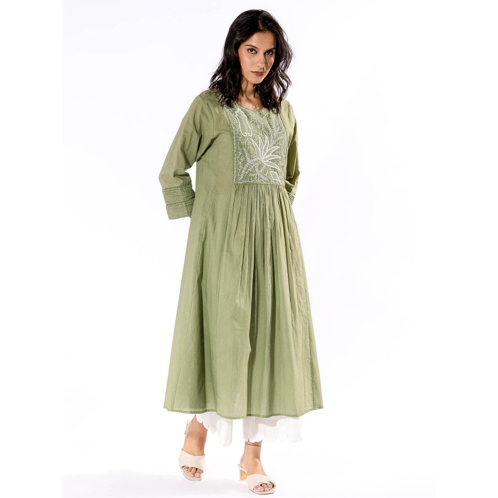 PANTS AND PAJAMAS Green Chikan Cotton Kurta & Palazzo (Set of 2)