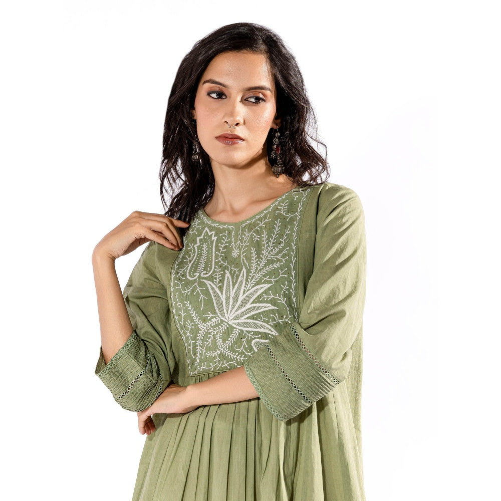 PANTS AND PAJAMAS Green Chikan Cotton Kurta & Palazzo (Set of 2)