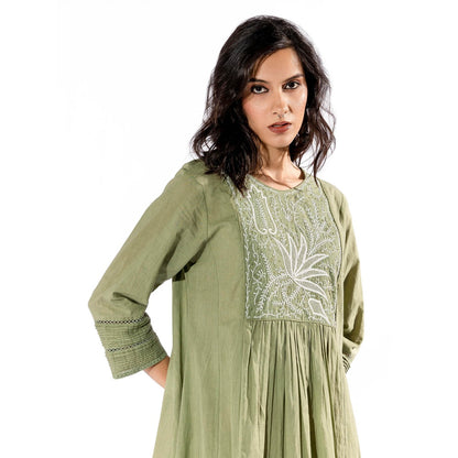 PANTS AND PAJAMAS Green Chikan Cotton Kurta & Palazzo (Set of 2)