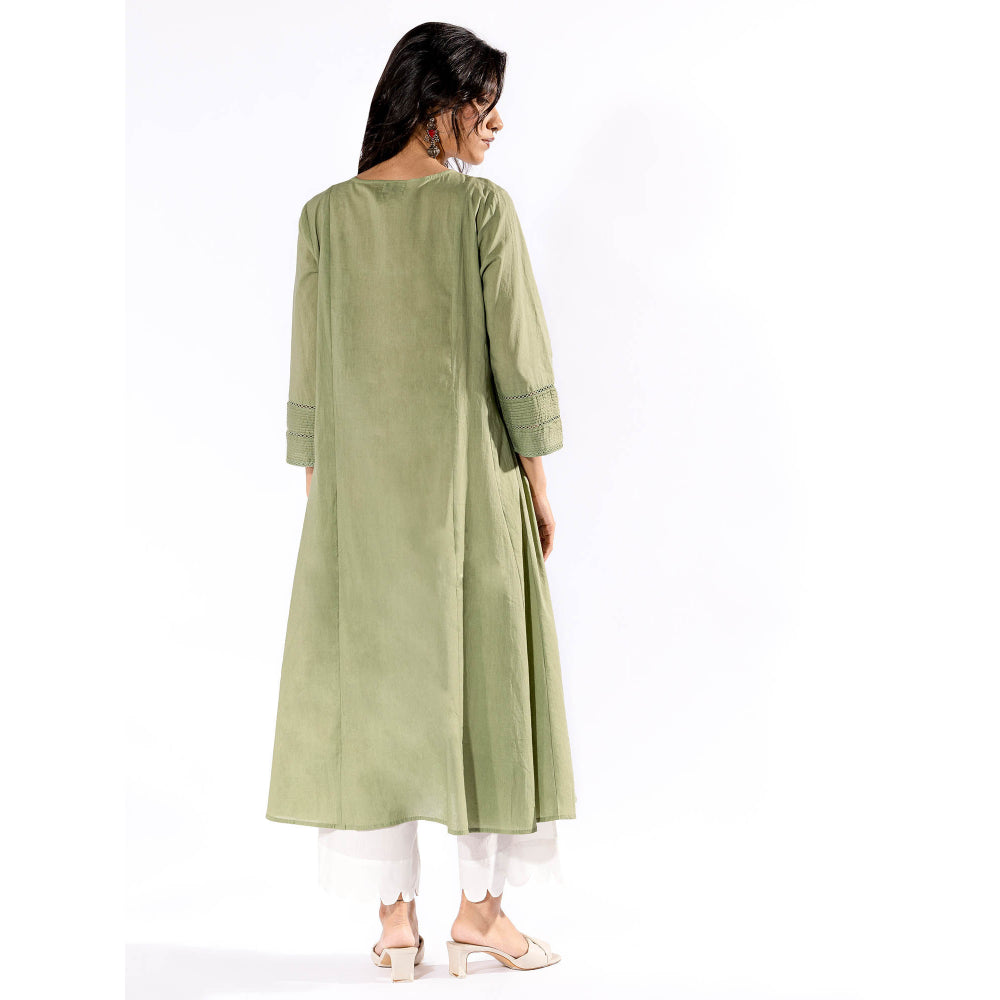 PANTS AND PAJAMAS Green Chikan Cotton Kurta & Palazzo (Set of 2)