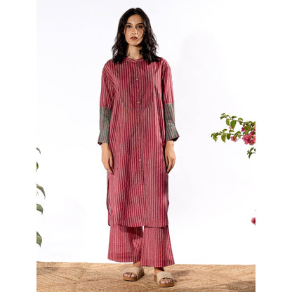 PANTS AND PAJAMAS Red & Lilac Cotton Kurta & Pant (Set of 2)