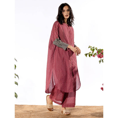 PANTS AND PAJAMAS Red & Lilac Cotton Kurta & Pant (Set of 2)