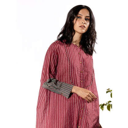PANTS AND PAJAMAS Red & Lilac Cotton Kurta & Pant (Set of 2)