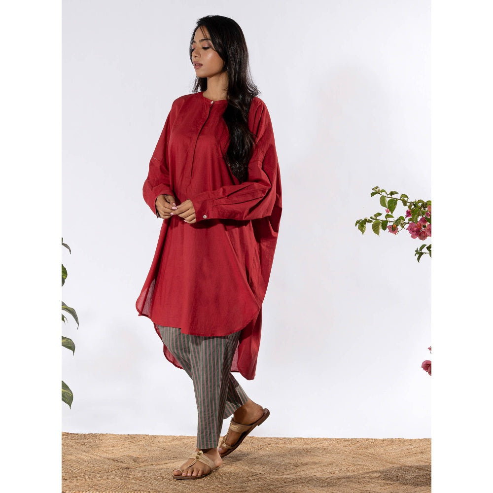 PANTS AND PAJAMAS Deep Red Tunic Shirt with Cotton Pant (Set of 2)