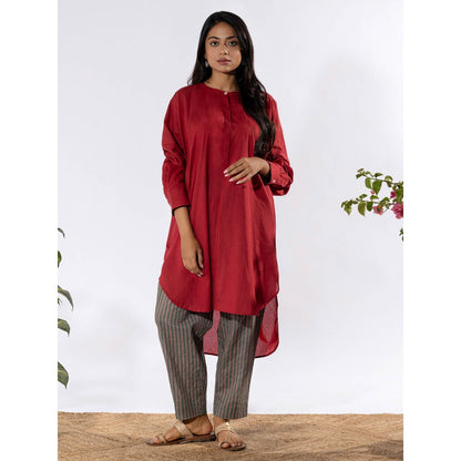 PANTS AND PAJAMAS Deep Red Tunic Shirt with Cotton Pant (Set of 2)