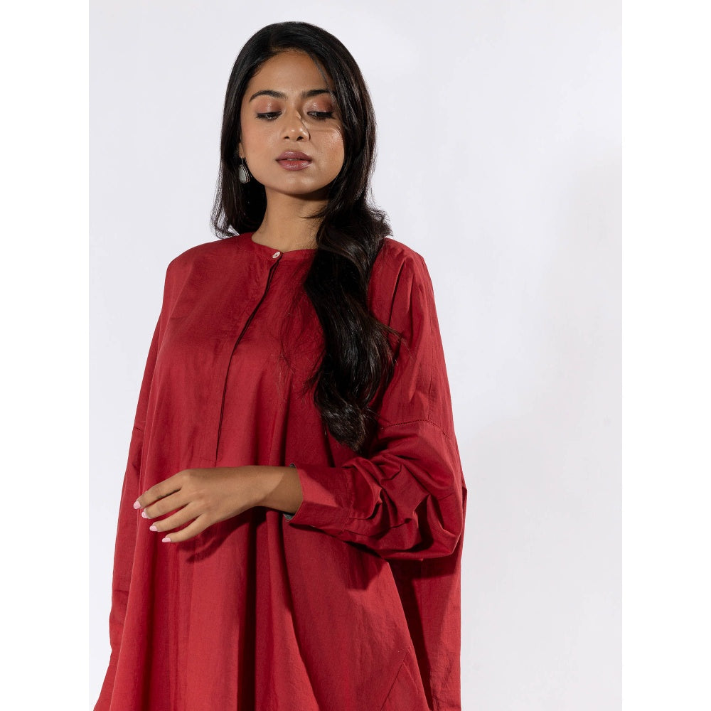 PANTS AND PAJAMAS Deep Red Tunic Shirt with Cotton Pant (Set of 2)