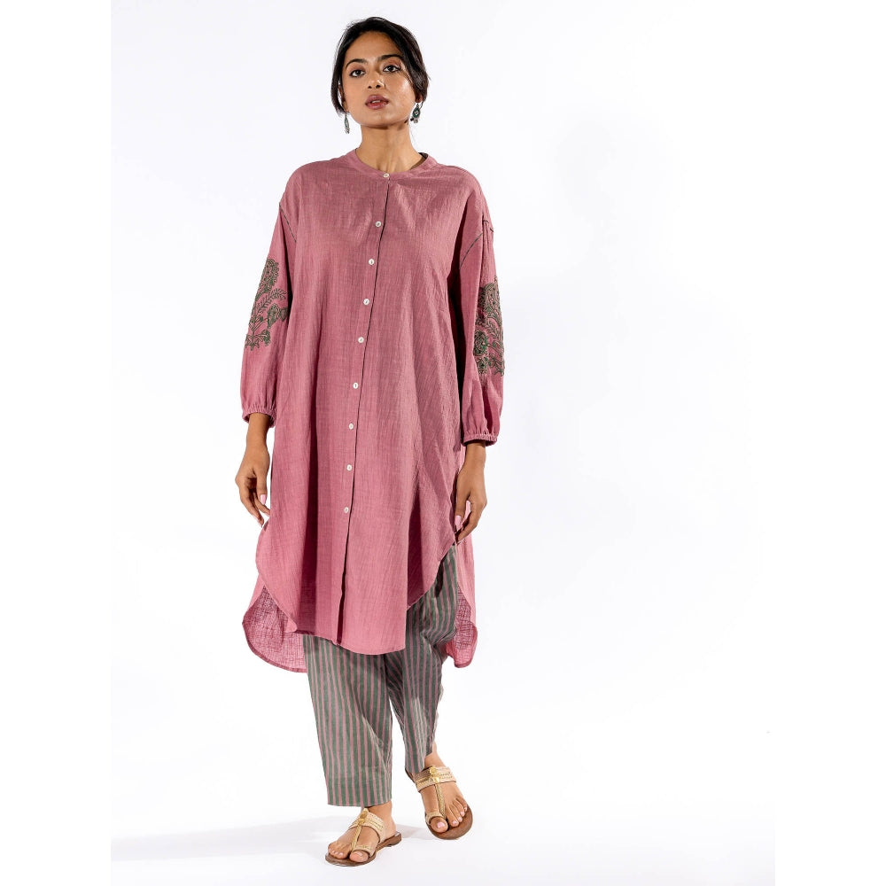 PANTS AND PAJAMAS Pink Cotton Tunic Shirt With Cotton Pant (Set of 2)
