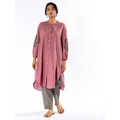 PANTS AND PAJAMAS Pink Cotton Tunic Shirt With Cotton Pant (Set of 2)