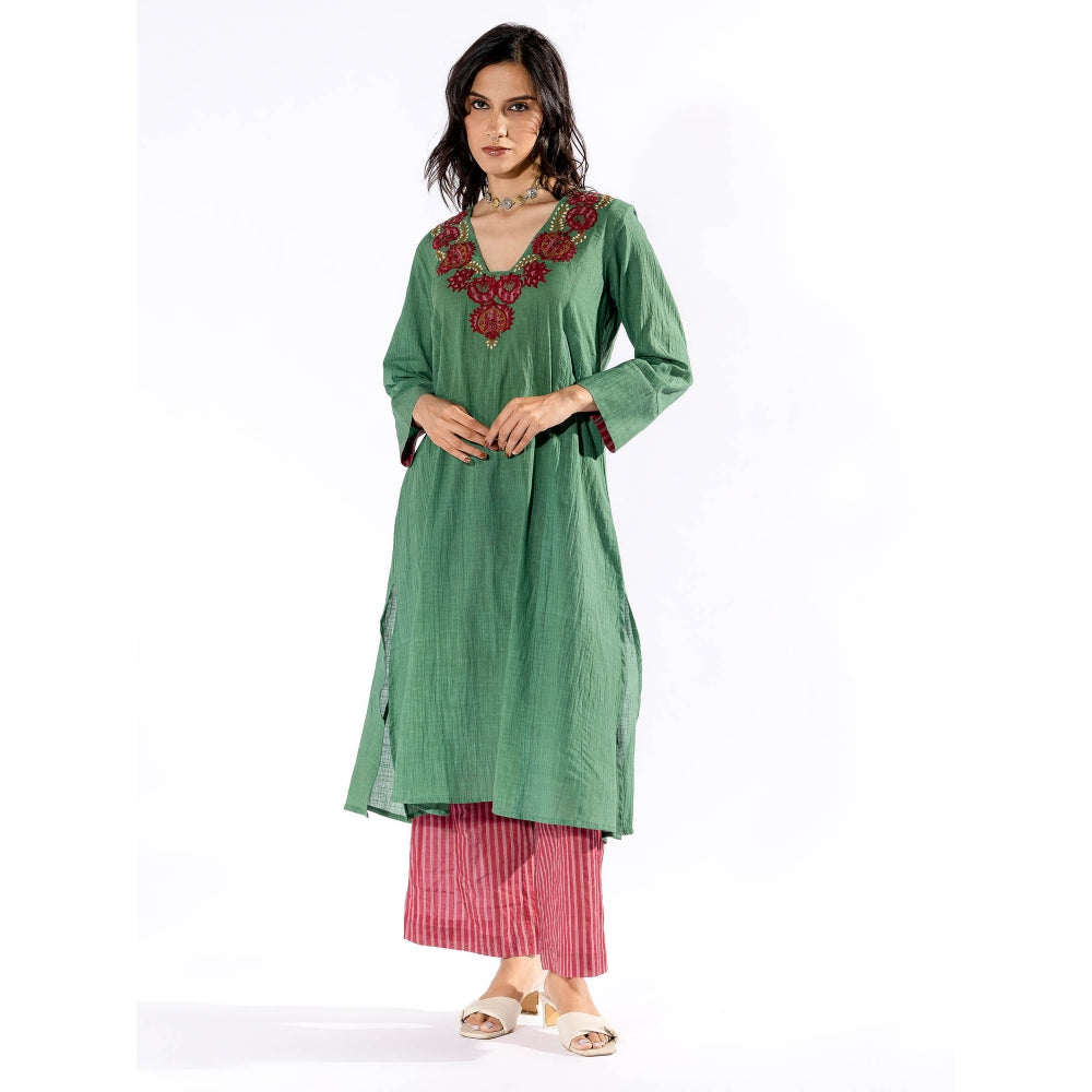 PANTS AND PAJAMAS Green Embroidered Kurta & Cotton Pant (Set of 2)
