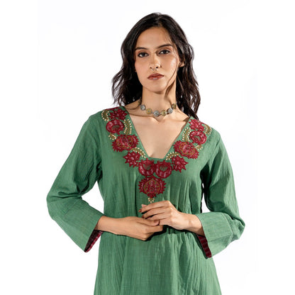PANTS AND PAJAMAS Green Embroidered Kurta & Cotton Pant (Set of 2)