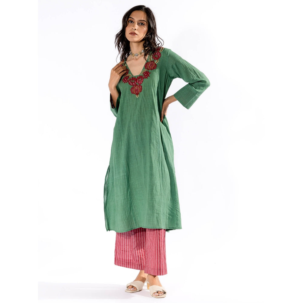 PANTS AND PAJAMAS Green Embroiderd Kurta