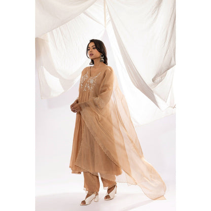 PANTS AND PAJAMAS Beige Printed Organza Dupatta
