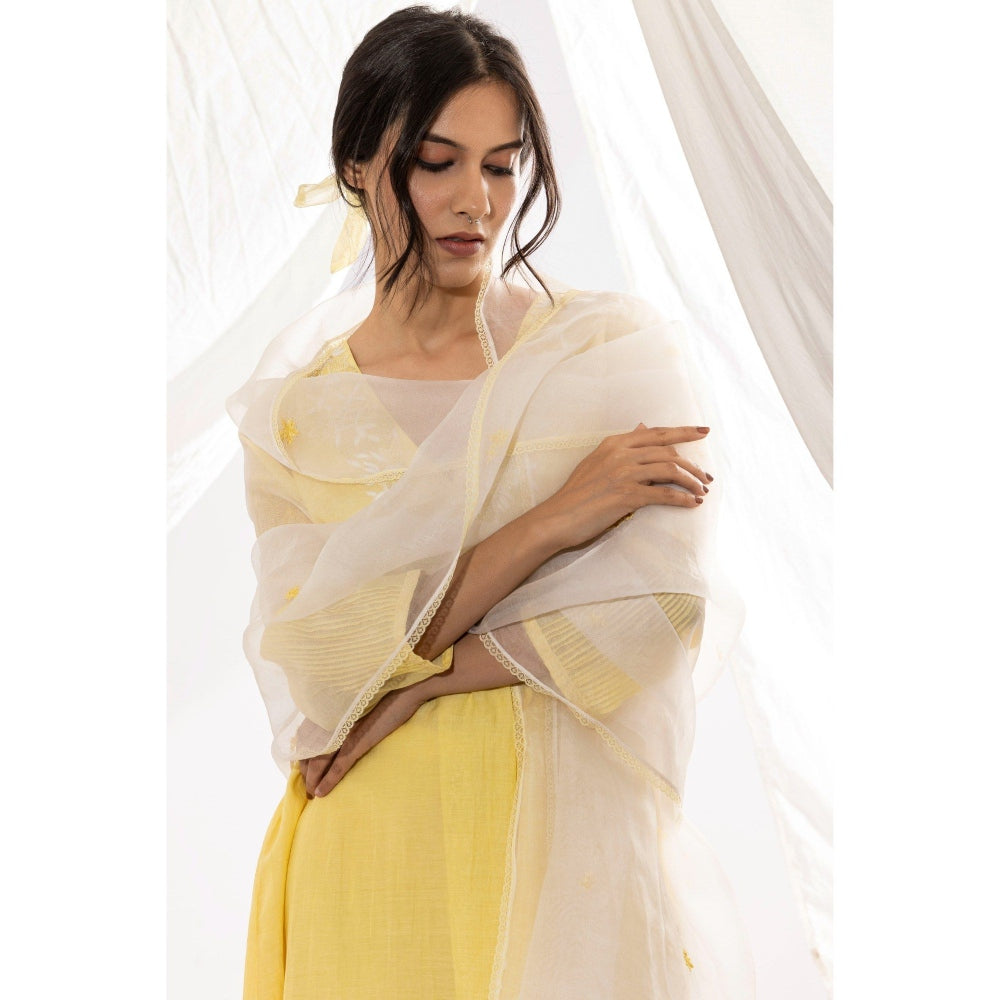 PANTS AND PAJAMAS Off White Organza Dupatta with Thread Work On It.