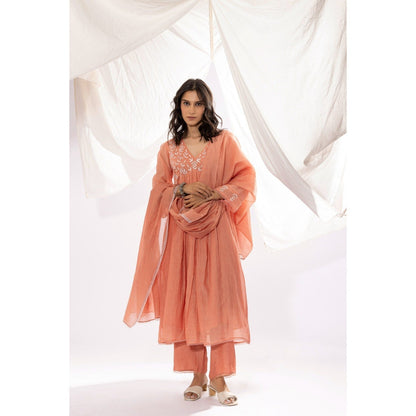 PANTS AND PAJAMAS Peach Printed Chanderi Mull Dupatta