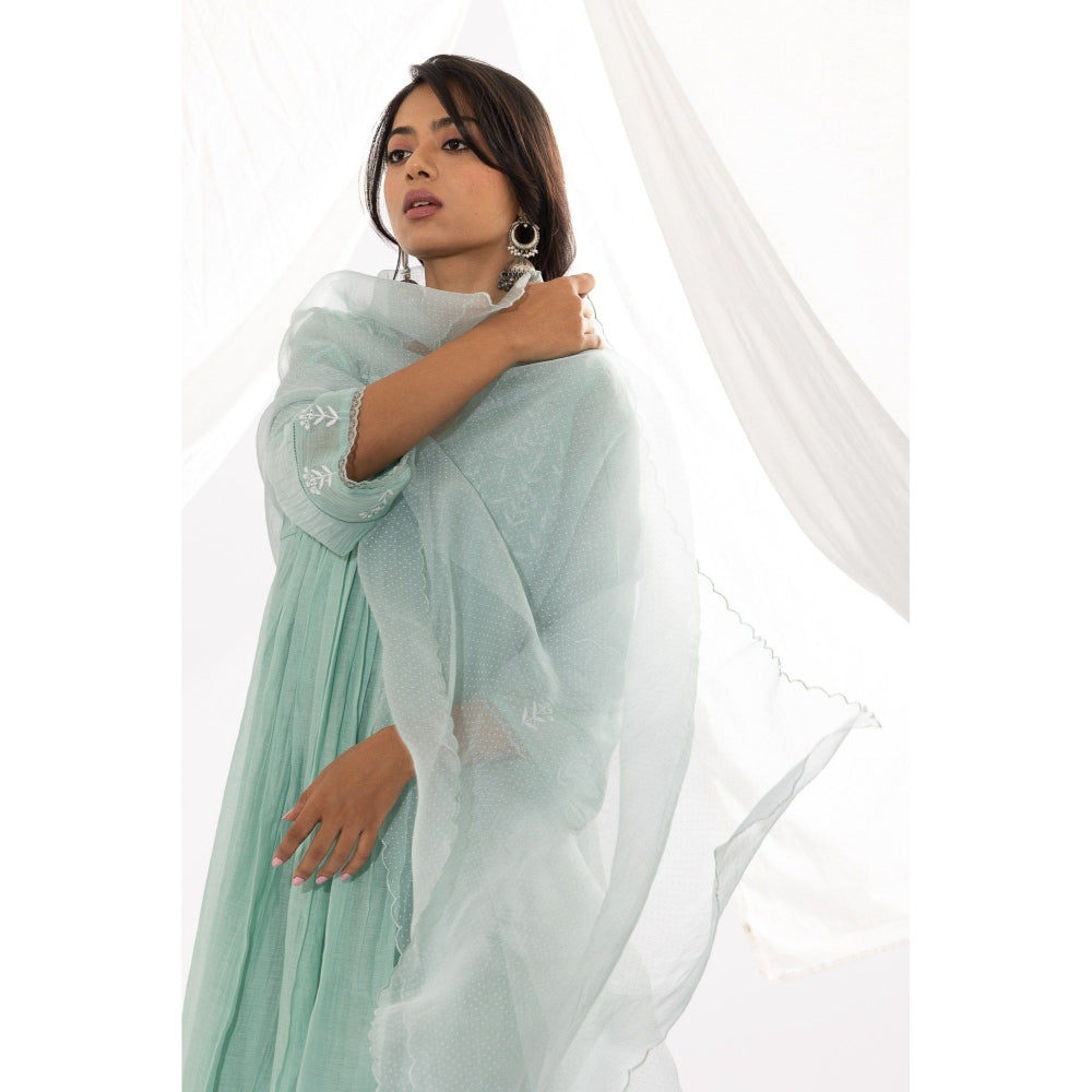 PANTS AND PAJAMAS Aqua Organza Dupatta with Thread Work On It.