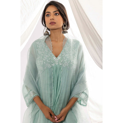 PANTS AND PAJAMAS Aqua Organza Dupatta with Thread Work On It.