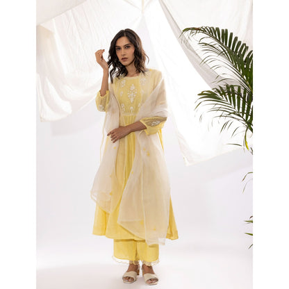 PANTS AND PAJAMAS Light Yellow Printed Chanderi Mull Kurta with Pant & Dupatta (Set of 3)