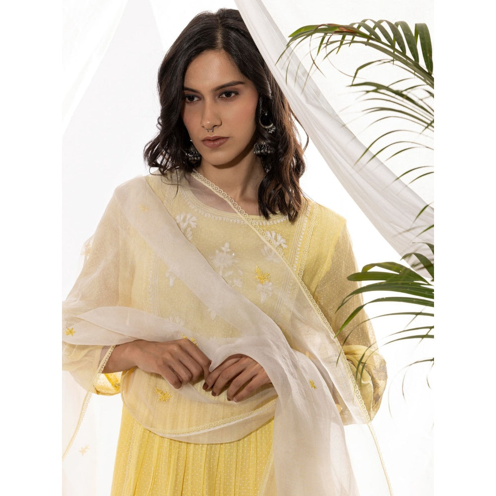 PANTS AND PAJAMAS Light Yellow Printed Chanderi Mull Kurta with Pant & Dupatta (Set of 3)