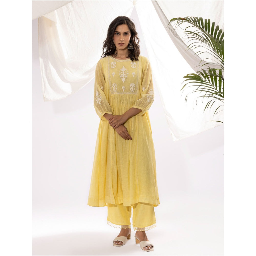 PANTS AND PAJAMAS Light Yellow Printed Chanderi Mull Kurta with Pant & Dupatta (Set of 3)