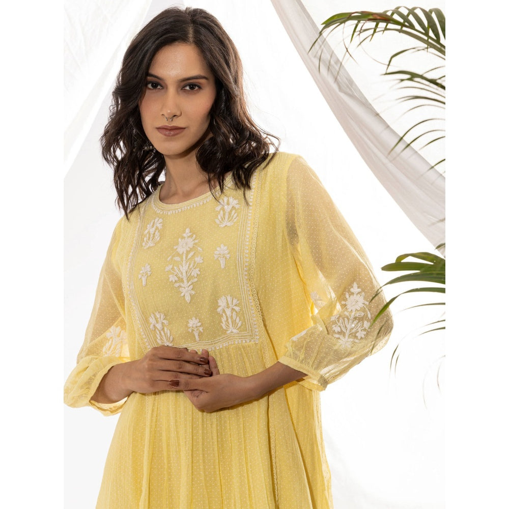 PANTS AND PAJAMAS Light Yellow Printed Chanderi Mull Kurta with Pant & Dupatta (Set of 3)