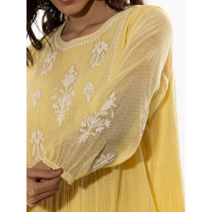 PANTS AND PAJAMAS Light Yellow Printed Chanderi Mull Kurta with Pant & Dupatta (Set of 3)