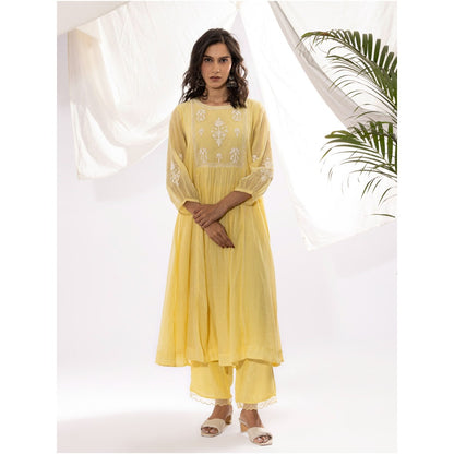 PANTS AND PAJAMAS Light Yellow Printed Chanderi Mull Kurta with Pant (Set of 2)