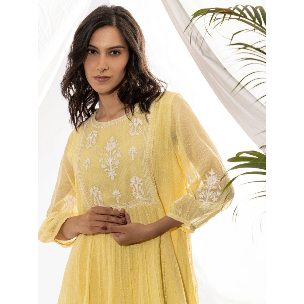 PANTS AND PAJAMAS Light Yellow Printed Chanderi Mull Kurta with Pant (Set of 2)