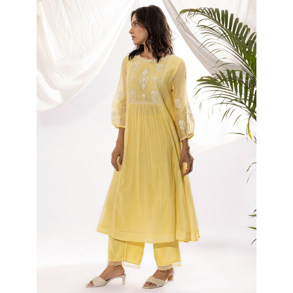 PANTS AND PAJAMAS Light Yellow Printed Chanderi Mull Kurta with Pant (Set of 2)