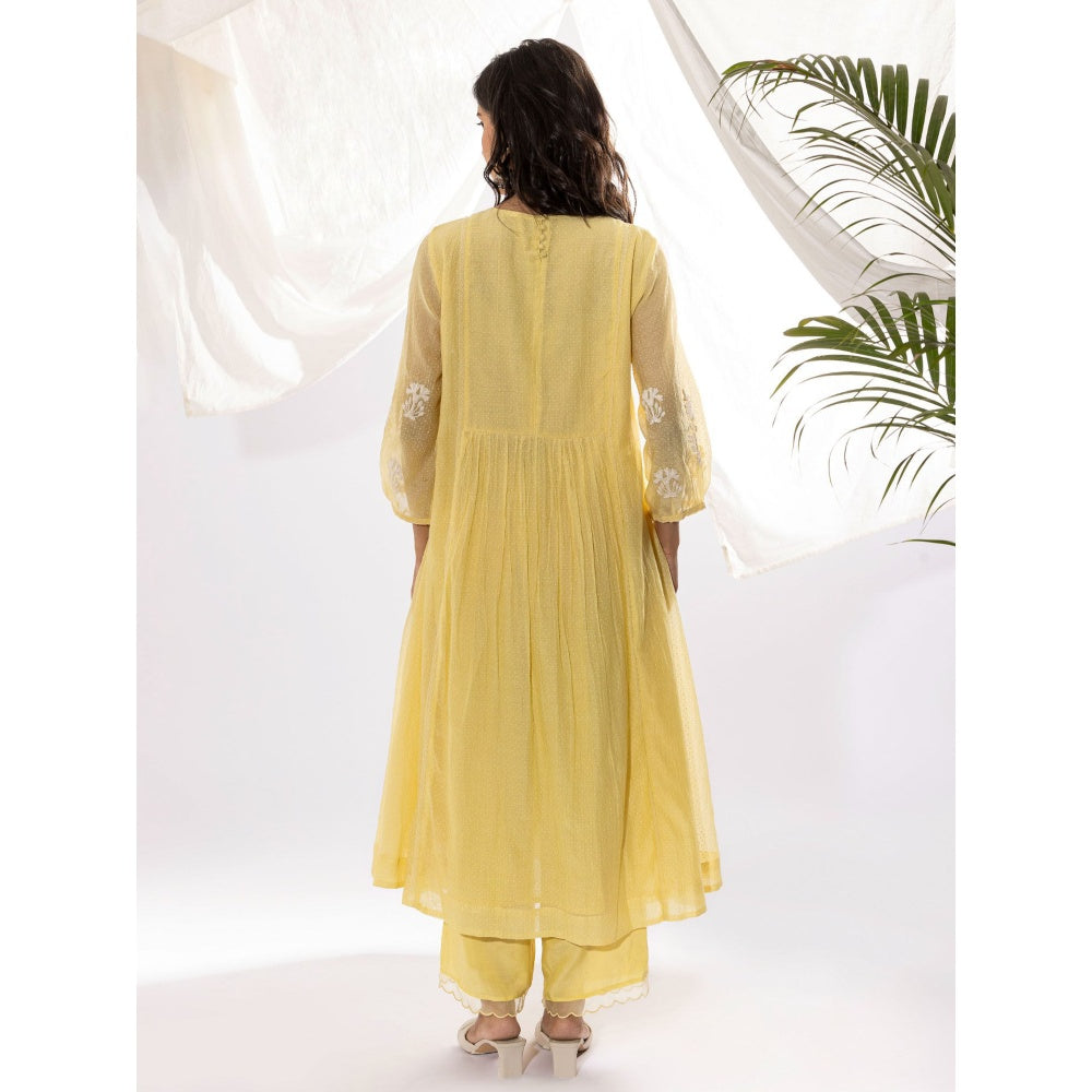 PANTS AND PAJAMAS Light Yellow Printed Chanderi Mull Kurta with Pant (Set of 2)