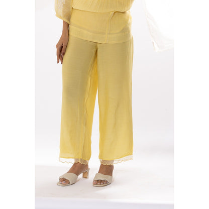 PANTS AND PAJAMAS Light Yellow Printed Chanderi Mull Kurta with Pant (Set of 2)