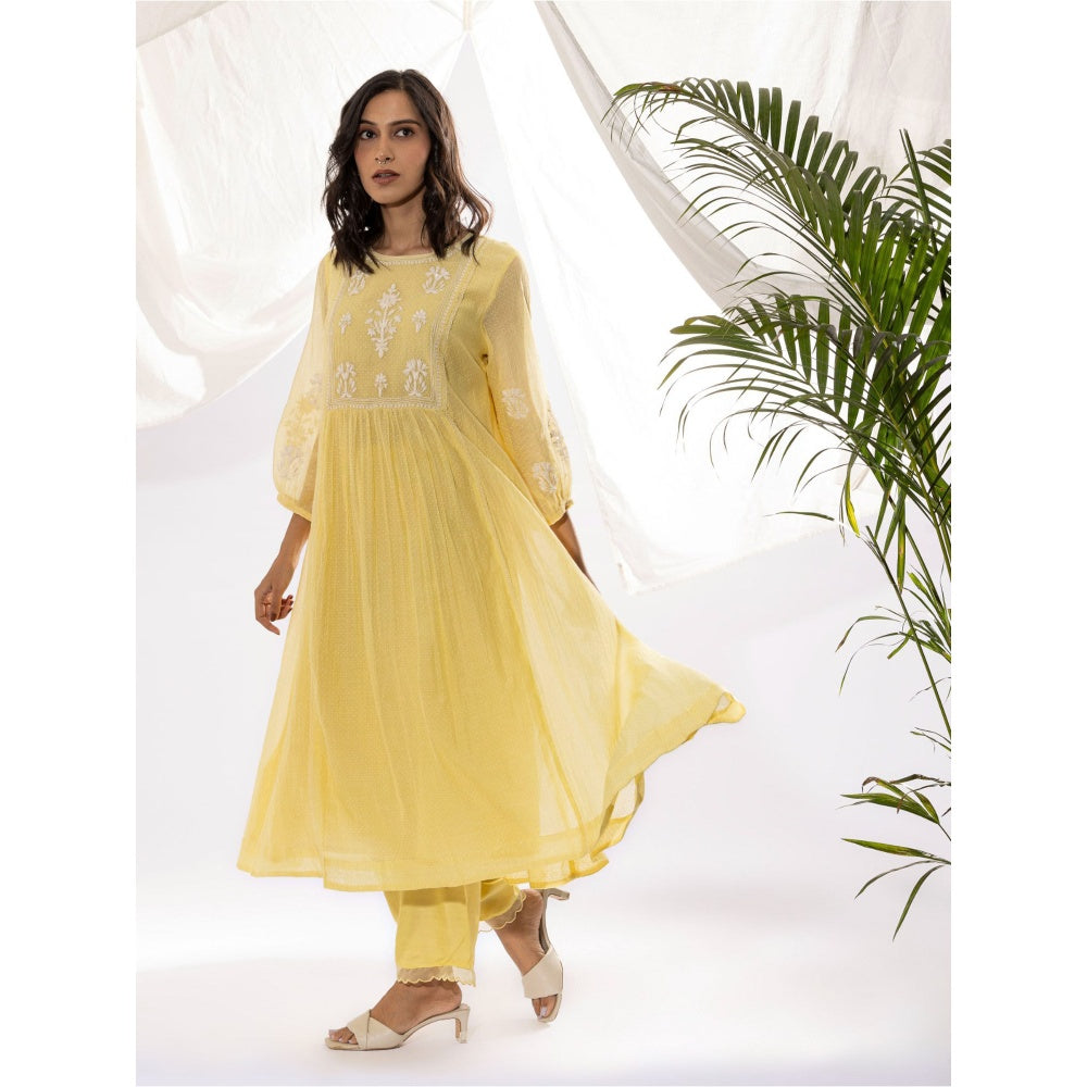 PANTS AND PAJAMAS Light Yellow Printed Chanderi Mull Kurta