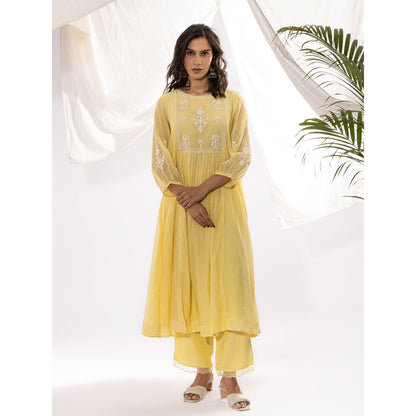 PANTS AND PAJAMAS Light Yellow Printed Chanderi Mull Kurta
