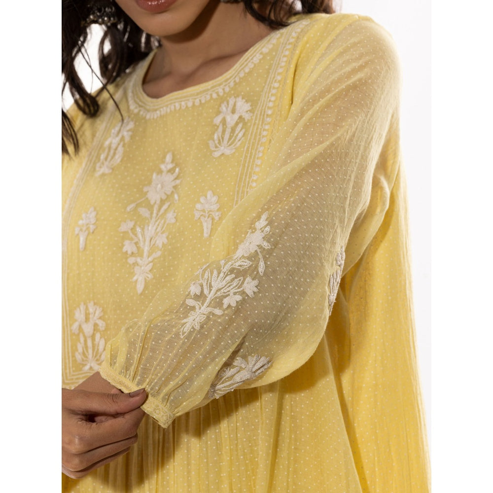 PANTS AND PAJAMAS Light Yellow Printed Chanderi Mull Kurta