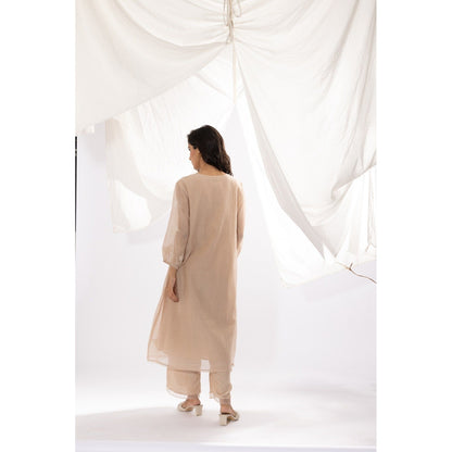 PANTS AND PAJAMAS Ivory Printed Chanderi Mull Kurta with Pant & Dupatta (Set of 3)