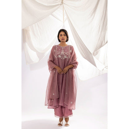 PANTS AND PAJAMAS Lilac Printed Chanderi Mull Kurta with Pant & Dupatta (Set of 3)