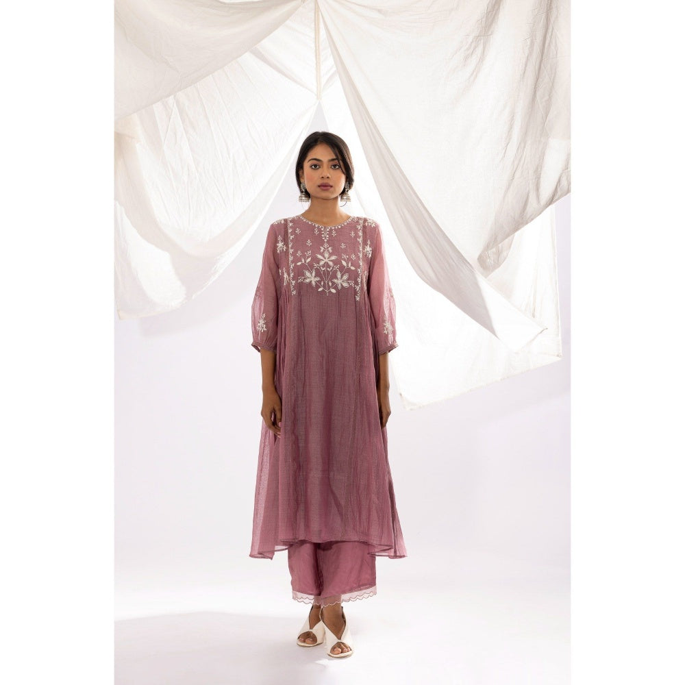 PANTS AND PAJAMAS Lilac Printed Chanderi Mull Kurta with Pant & Dupatta (Set of 3)