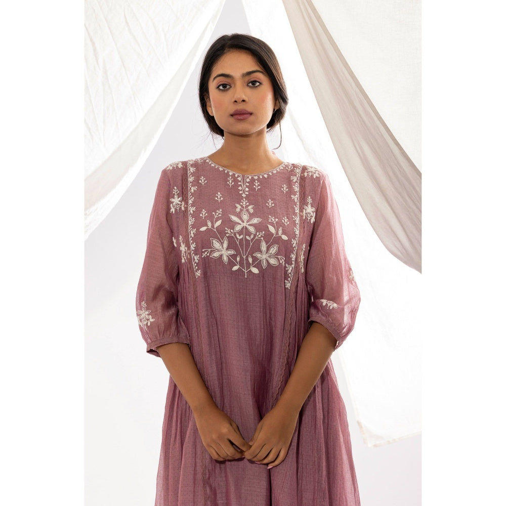 PANTS AND PAJAMAS Lilac Printed Chanderi Mull Kurta with Pant & Dupatta (Set of 3)