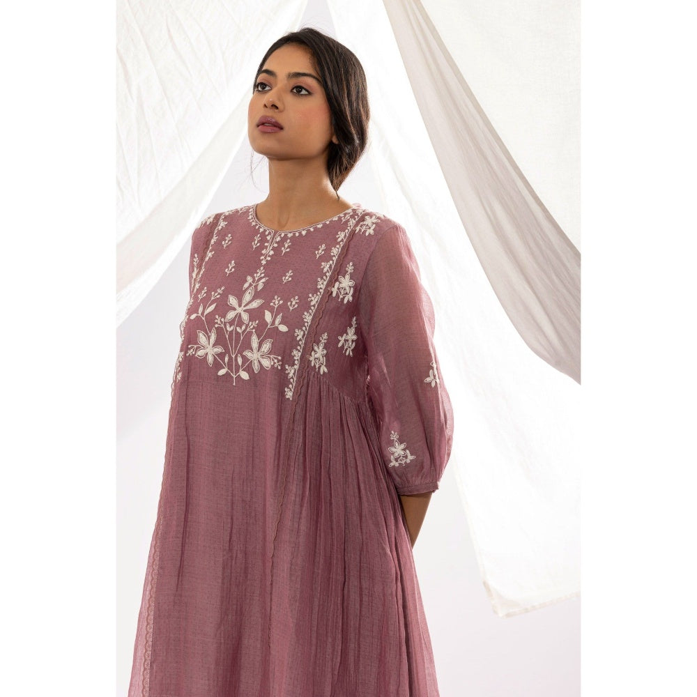 PANTS AND PAJAMAS Lilac Printed Chanderi Mull Kurta with Pant & Dupatta (Set of 3)