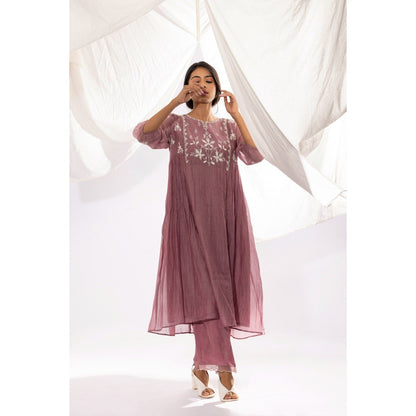 PANTS AND PAJAMAS Lilac Printed Chanderi Mull Kurta with Pant & Dupatta (Set of 3)