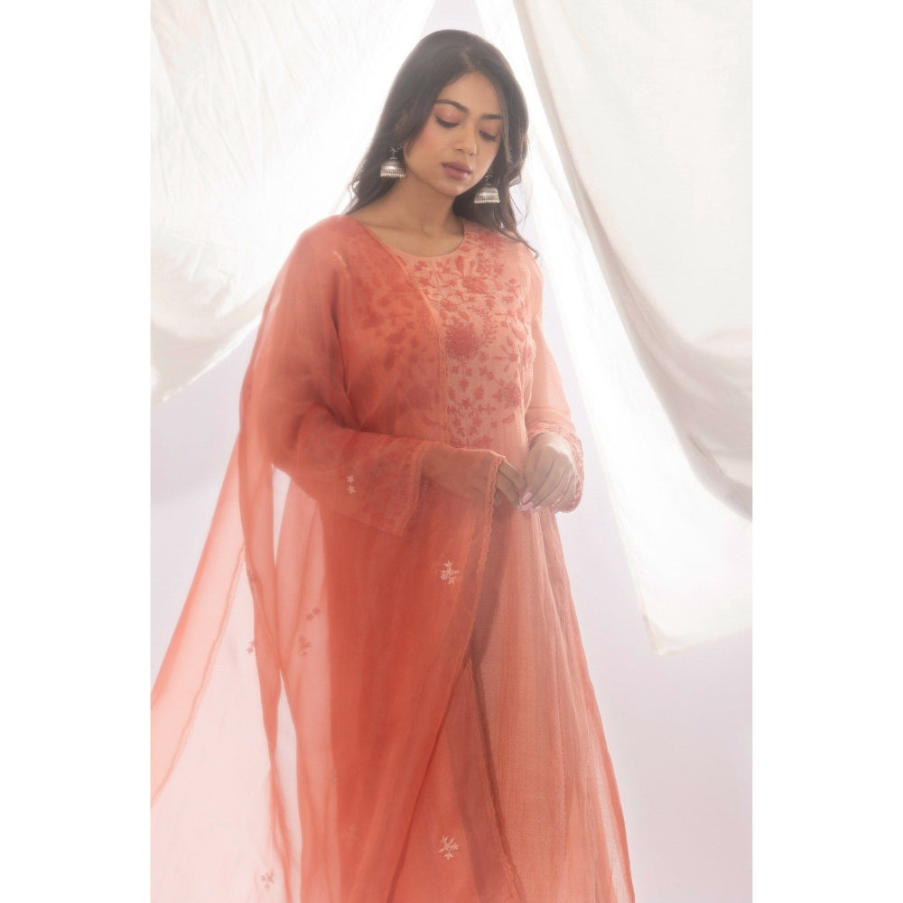 PANTS AND PAJAMAS Peach Printed Chanderi Mull Kurta, Inner with Pant & Dupatta (Set of 4)