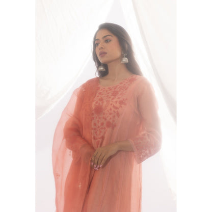 PANTS AND PAJAMAS Peach Printed Chanderi Mull Kurta, Inner with Pant & Dupatta (Set of 4)