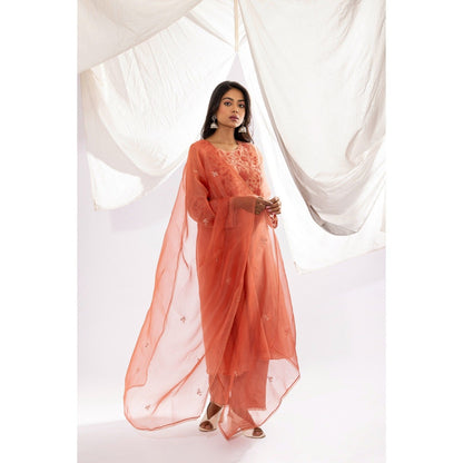 PANTS AND PAJAMAS Peach Printed Chanderi Mull Kurta, Inner with Pant & Dupatta (Set of 4)
