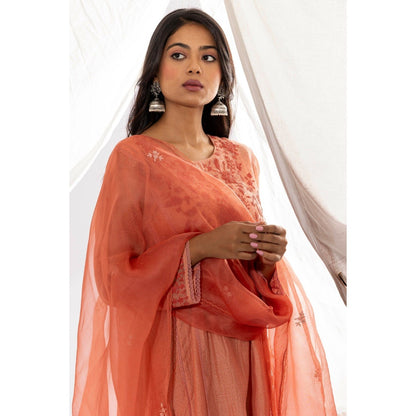 PANTS AND PAJAMAS Peach Printed Chanderi Mull Kurta, Inner with Pant & Dupatta (Set of 4)